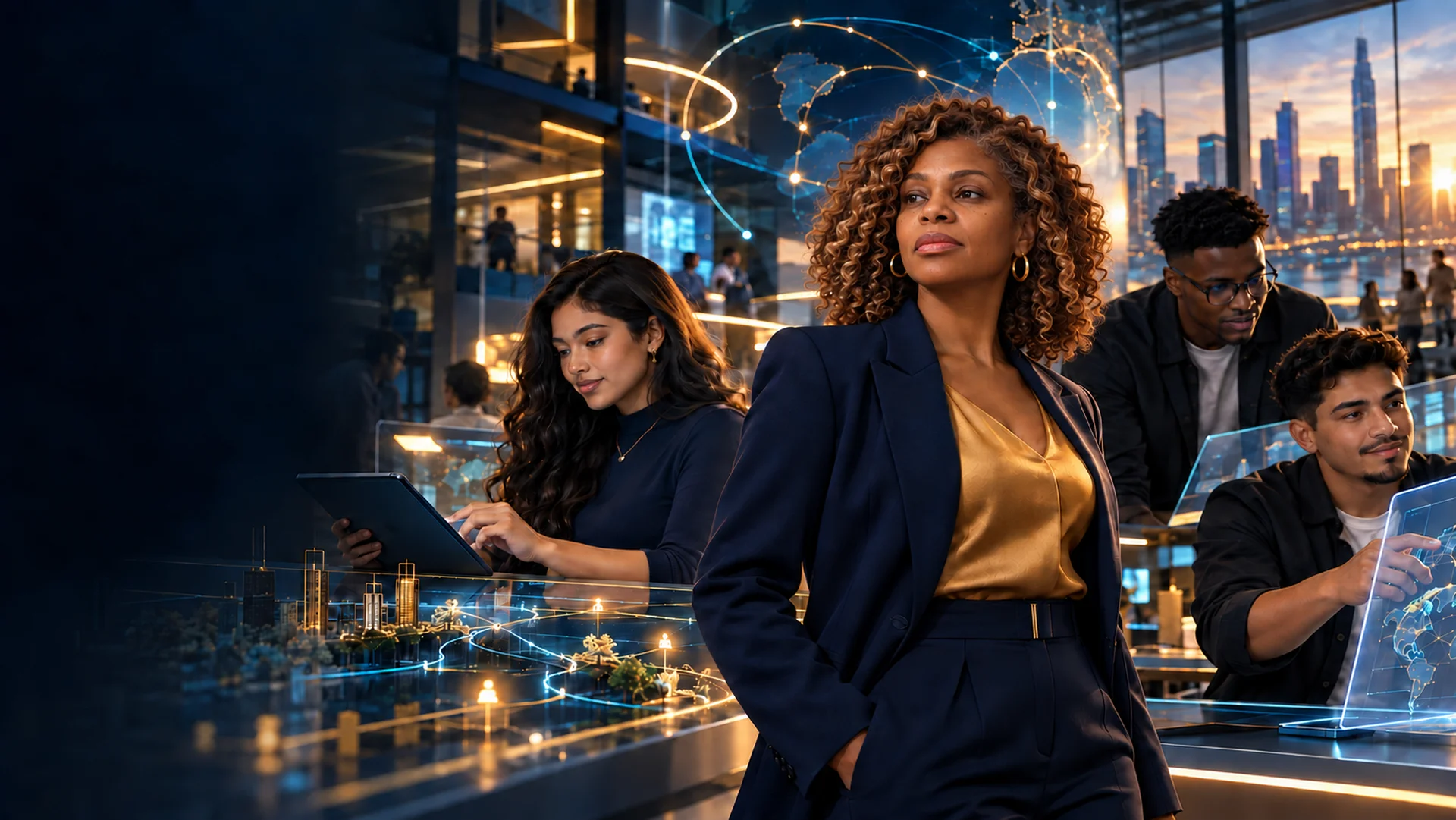 A Black woman leader with light-brown natural curls and honey highlights, wearing a navy suit and gold blouse, stands confidently in a modern learning hub while a Hispanic young woman, a Black young man, and a Hispanic young man work on tablets and holographic city maps around her.